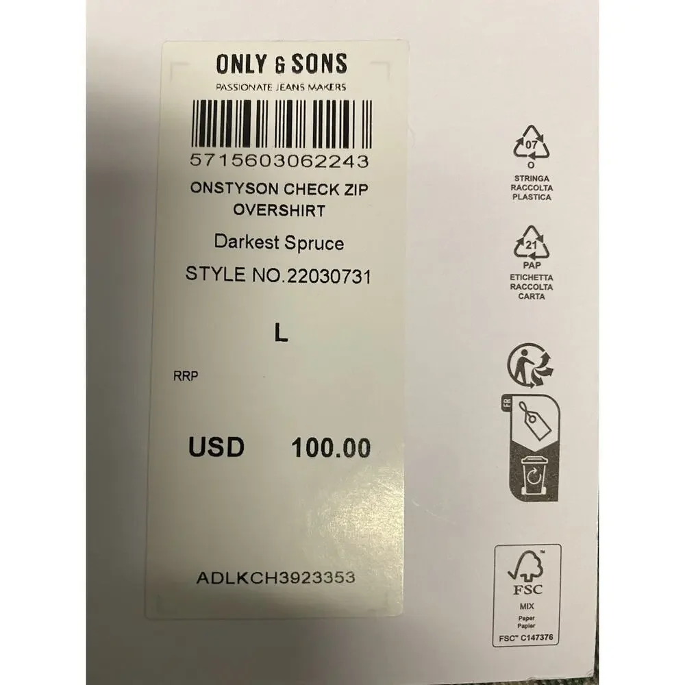 ONLY & SONS Tyson Check Mens Zip-Up Overshirt - SPRUCE Men’s Large - Picture 9 of 9